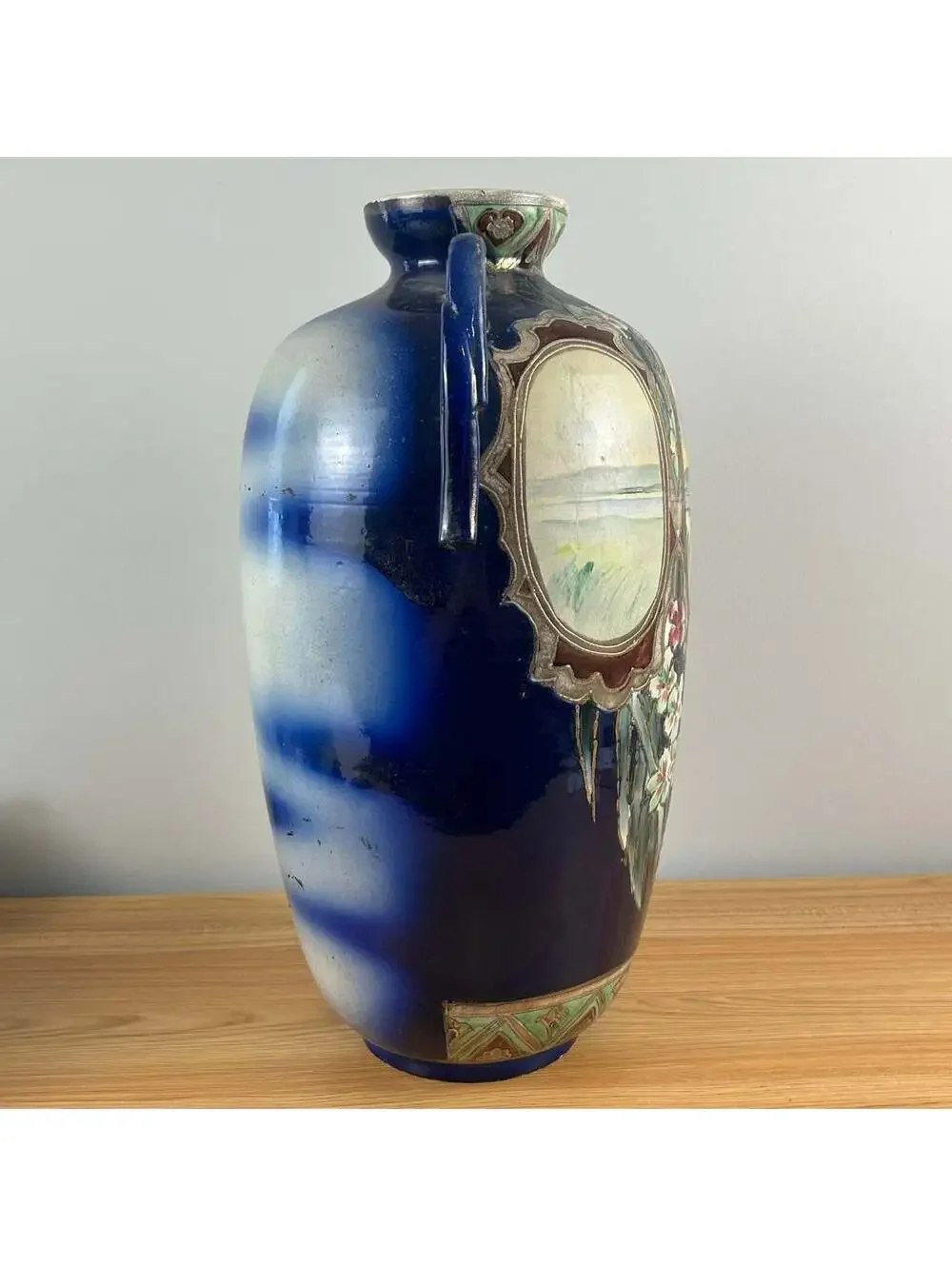 Japanese Early 1900s Art Pottery Cobalt Blue Moriage Scenic Panel Floor Vase